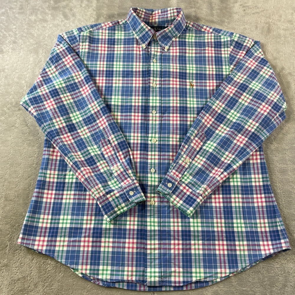 Ralph Lauren Shirt Custom Fit Men XL Blue Pink Plaid Button Office Preppy Casual